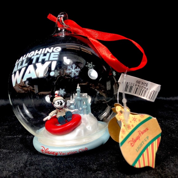 Disney Vacation Club Mickey Laughing All The Way! Light Up Glass Ornament - NEW - Picture 1 of 3